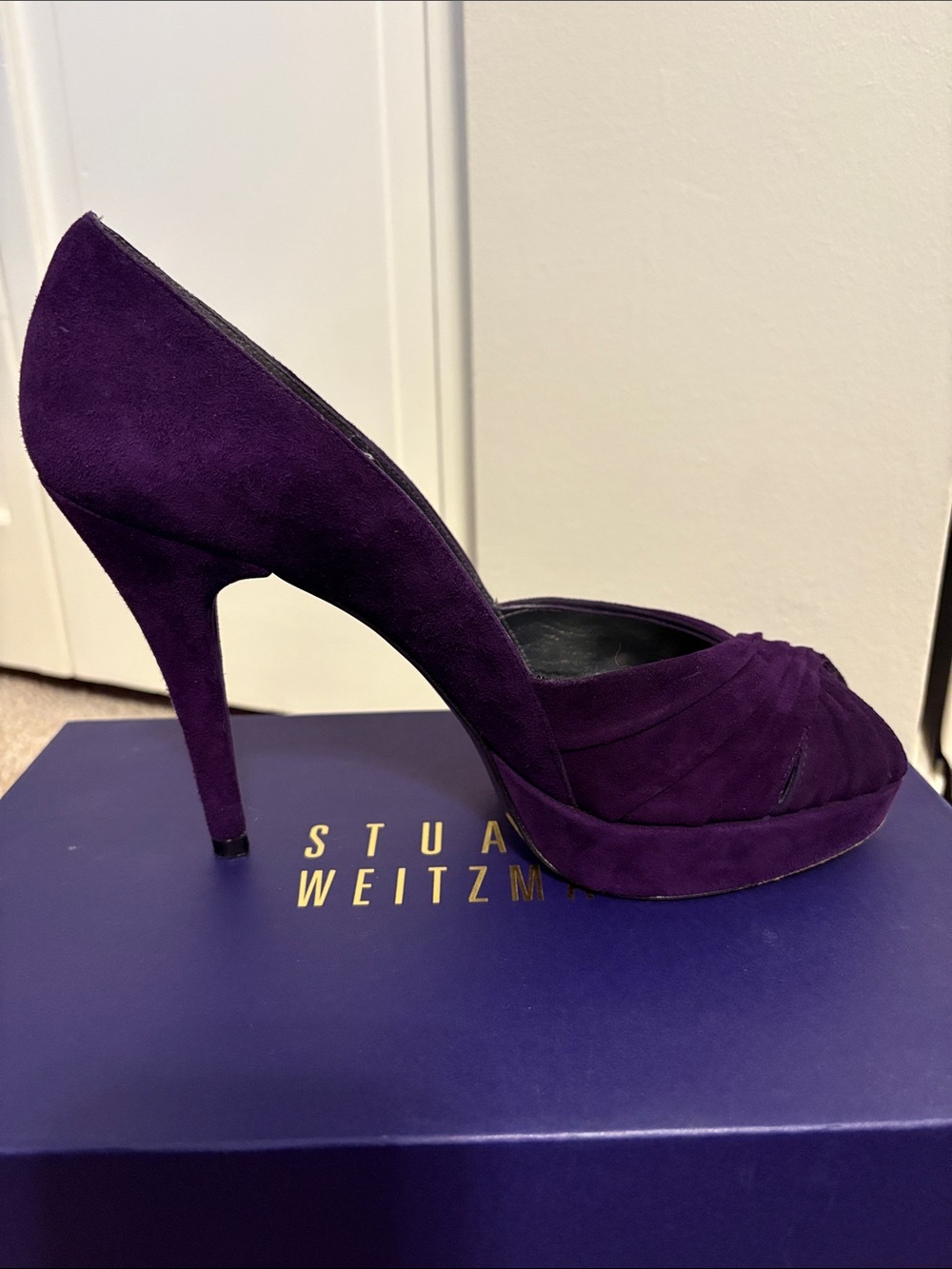 Stuart Weitzman Eggplant Purple Suede Peep-Toe Heels Women 8 - Picture 5 of 13